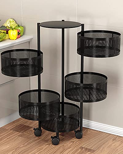 Round Rotating Multi-Layer Kitchen Storage Shelf, ISACCO Fruit and Vegetable Storage Basket, Kitchen Storage Rack Floor-Standing 5 Tier, Household Storage Rack for Kitchen Living Room Toilet