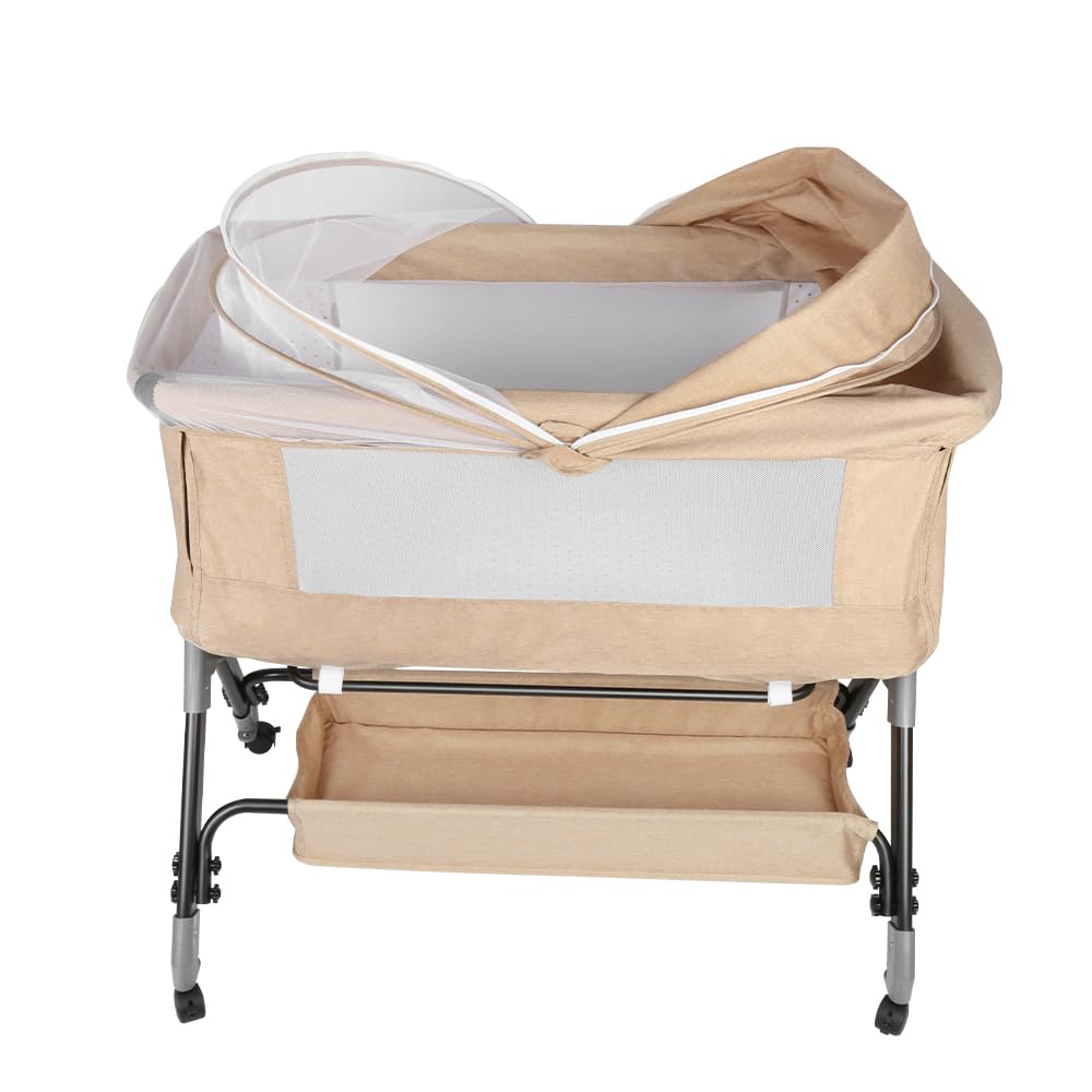 Lit Cododo Bebe avec Roues,Berceau Bébé Evolutif,Côté Repliable,4 Niveaux de Réglage de La Hauteur,Facile à Assembler,Equipé de Moustiquaire (Blanc cassé, 103-115cm quatrième Vitesse)