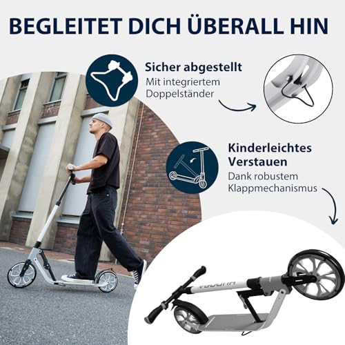 HUDORA BigWheel 230 Advanced Scooter - Stabiler Aluminium-Roller bis zu 120kg - Leiser & zusammenklappbarer Cityroller mit St&auml;nder & Klingel - Kick-Scooter f&uuml;r Kinder/Jugendliche & Erwachsene - iron