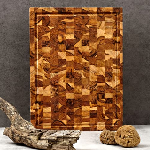 Shumaru California, Extra Large End-Grain Teak Wood Cutting Board, [20"L X 15"W X 1.5"T ] Juice Groove, Reversible, Built-In Hand Grips #TOP7