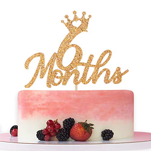 Gold Glittery 6 Months Cake Topper for Baby's Half Year Old Birthday Party, 1/2 Birthday, First Birthday, Baby Shower, Half Year Anniversary Party Decorations