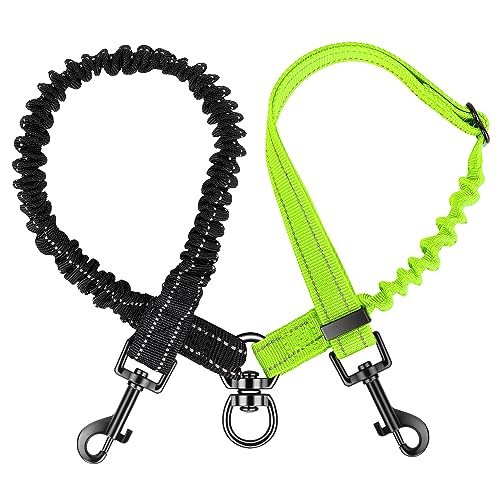 Nasjac Guinzaglio doppio per cani, nero e verde fluorescente, guinzaglio per cani, versione a 2 colori (per XS/S+S), elastico ammortizzante, senza grovigli, connettore girevole a 360°, lunghezza