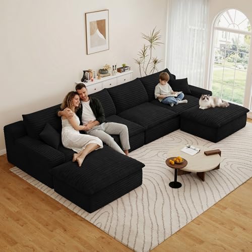 Image of 136 inch Cloud Couch Modular Sectional Sofa for Living Room, U-Shape Boneless Couch with Deep Seat, Modern Corduroy 4-Seater with Ottomans, No Assembly Required, Black