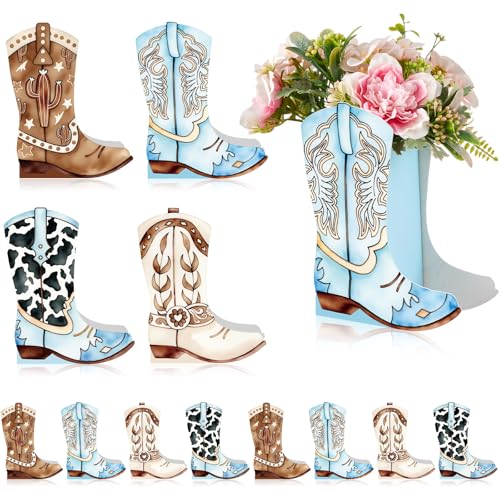 Image of 12 Set Western Boots Flower Boxes Centerpiece Boot Shape Gift Boxes Party Decoration Vase Centerpieces for Tables Boots Rodeo Birthday Baby Shower Supplies(Western Blue,Cow)