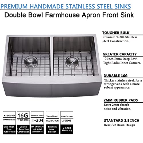 Image of SHACO 33 Inch Stainless Steel Farmhouse Sink, 50 /50 Double Bowl Apron Front Farm Sink for Kitchen, Brushed Nickel