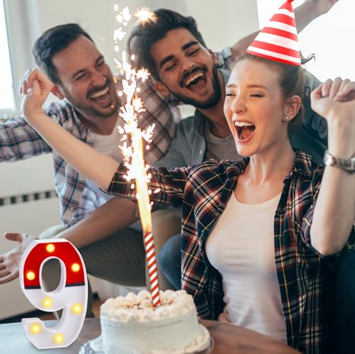 LED Number Lights Cartoon Themed Birthday Decorations LED Light Up Number Centerpieces Table Decorations for Party Supplies Backdrop Wall Decor for Birthday Party Decorations (Cartoon Red and White, Number 9)