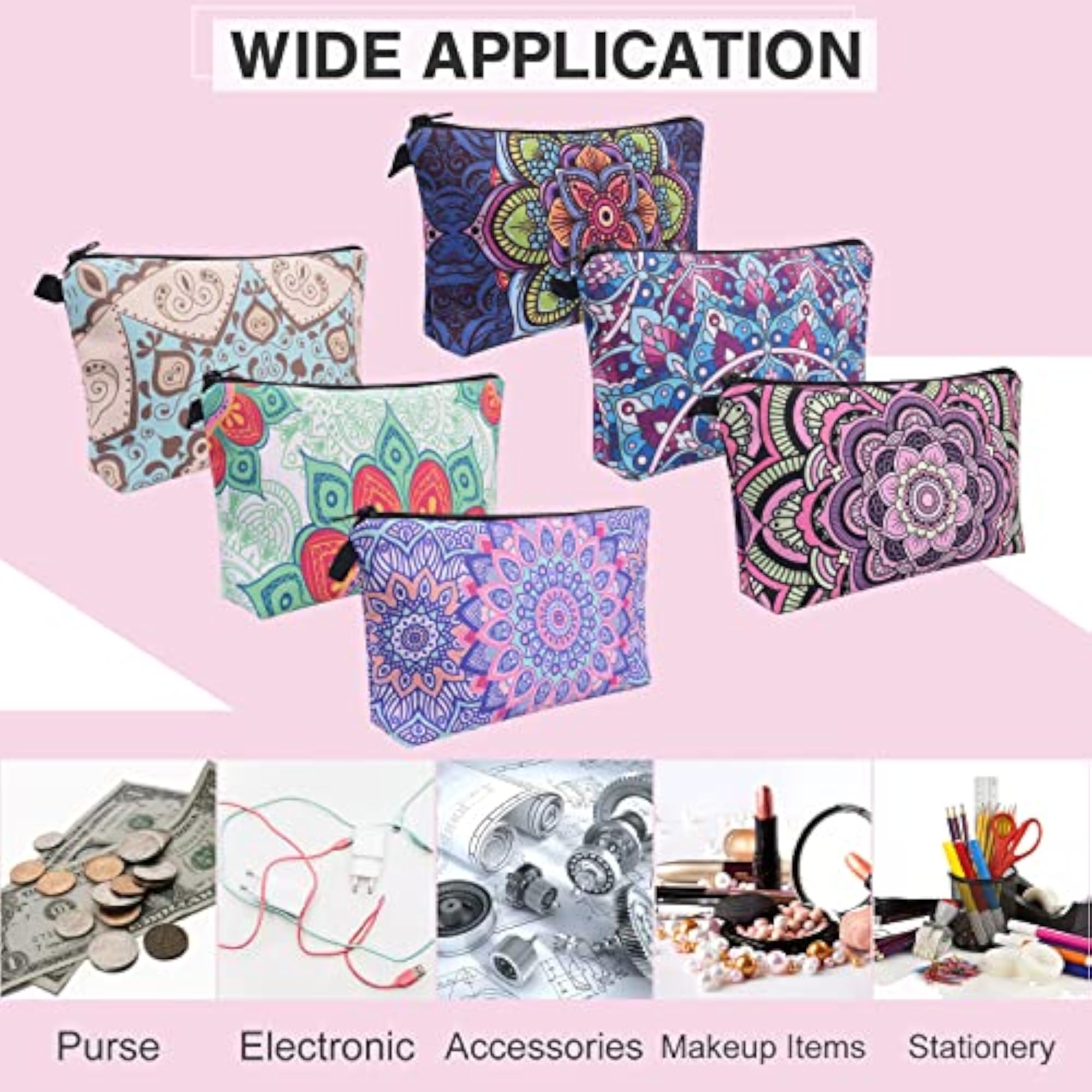 6 Pcs Printed Mandala Flower Waterproof Cosmetic Bags Set