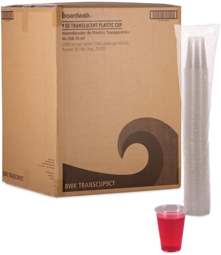 Boardwalk BWKTRANSCUP9CT 9 oz. Polypropylene Plastic Cold Cups - Translucent (100 Cups/Sleeve, 25 Sleeves/Carton)