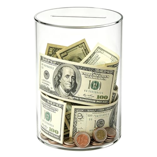 Clear Acrylic Money Box 9 x 9 x 15cm Clear Piggy Bank Acrylic Money Saving Box Transparent Round Savings Jar for Adults Kids Break to Open for Saving Cash or Coins