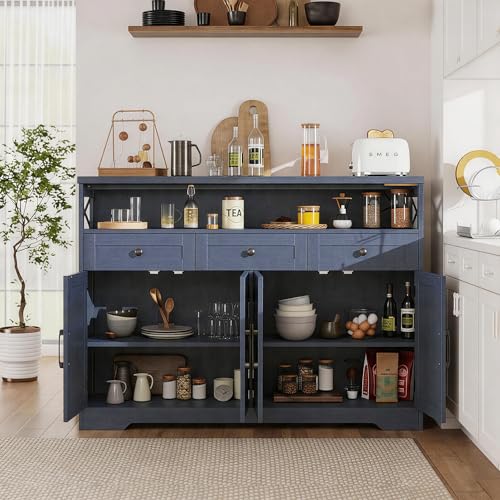 Image of 51 inch Blue Buffet Sideboard Cabinet, Farmhouse Storage Cabinet Kitchen Pantry | with Shelf and Drawers, Wood Cupboard Hutch Cabinet, Coffee Bar Station Table for Kitchen, Living Room, Dining Room
