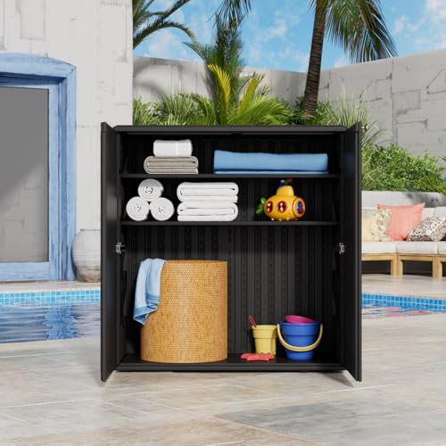 Image of KINYING Outdoor Storage Cabinet Waterproof, Resin 62 Gallon Deck Box for Patio Furniture Cushions, Garden Tools, Pool Tools and Kids' Toys (Black with 1 Shelving)