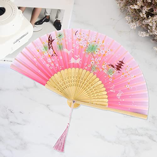 سيوسى مروحة قابلة للطي باليد للنساء مراوح يدوية من الخيزران مع شرابة صينية قماش الحرير واضلاع لتزيين الحائط وهدايا الزفاف واعياد الميلاد بينك زهري