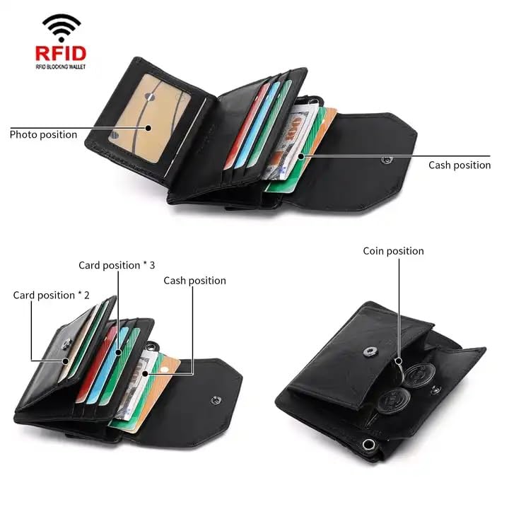 Men's Trifold Chain Wallet - Sleek and Slim Includes ID Window and Credit Card Holder, Black Chain Included (STYLE 1, BLACK)3