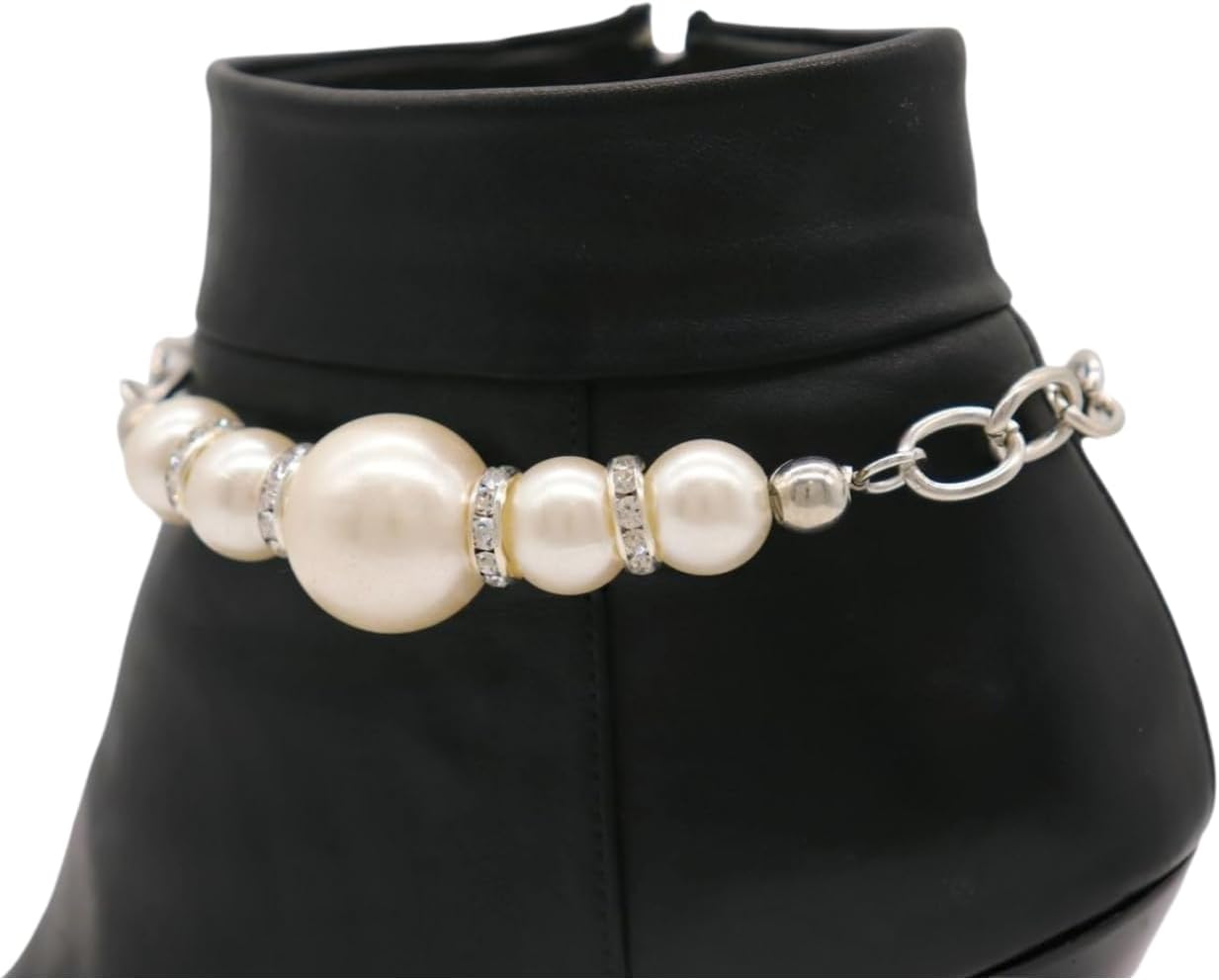 TrendyFashionJewelry Women’s 2PCS Pearl Boot Chain Bracelets – Silver Metal Shoe Anklet Set with Imitation Pearl Beads, Rhinestone Spacers, Western & Dress Boots BC62