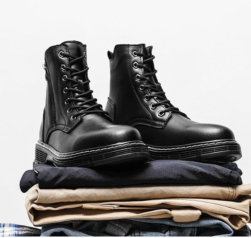 Shoes Men's Black Warm Side Zipper Leather Boots High-top Comfortable Round-toe Oxford Men Fashionable Versatile for Travel Shopping Driving