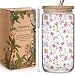 Enanaimg Wildflower Floral 16oz Glass Drinking Cup with Bamboo Lid Christian Gifts for Women Mother, Cute Flower Drinking Glass Gifts for Bestie Mother Birthday Bridesmaid Party
