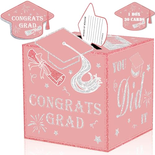 Image of AYGXU graduation card box Holder 2026 with 30pcs graduation cards,Graduation party Decorations,graduation box for gifts and Cards,graduation money box,Graduation Party Supplies-pink card box