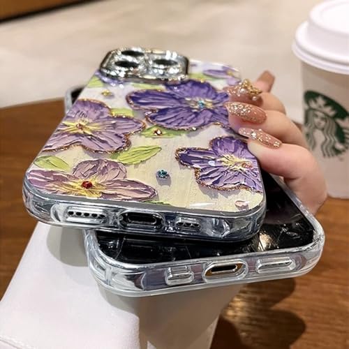 Image of Elzzi Compatible with iPhone 16 Pro Max Case Oil Painting Flower Colorful with Len Prtotection Shockproof PC+TPU Glossy Back Cover for Girls Women, Purple