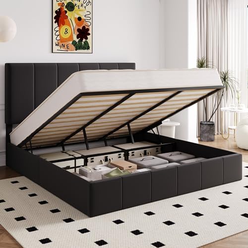 Image of Allewie King Size Velvet Lift Up Hydrualic Storage Bed Frame, Black