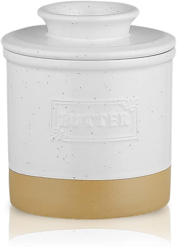 HVHCeramic Butter Crock, French Butter Dish with Lid for Countertop, Butter Keeper for Counter, Butter Crock with Water, Butter Holder for Soft Butter, Farmhouse Style (White)