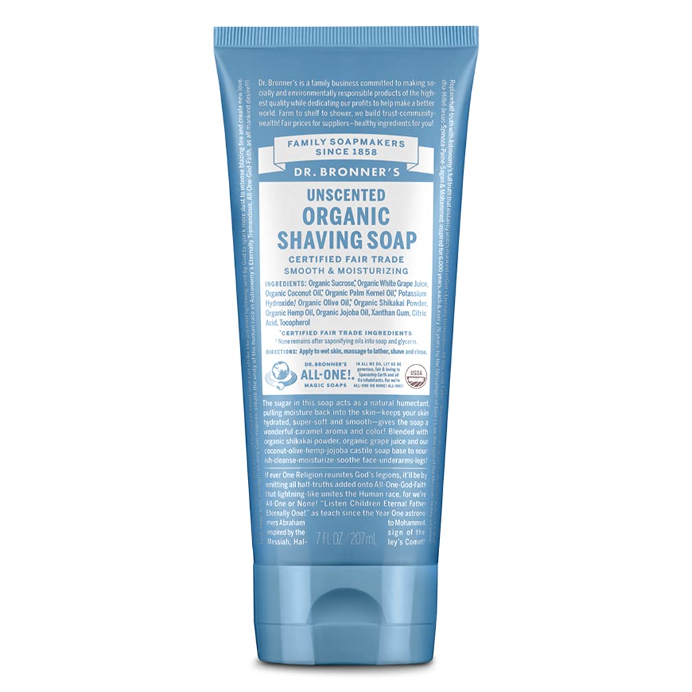 Dr Bronners - Organic Shaving Soap Unscented 7 Ounce - Certified Organic Sugar and Shikakai Powder Soothes and