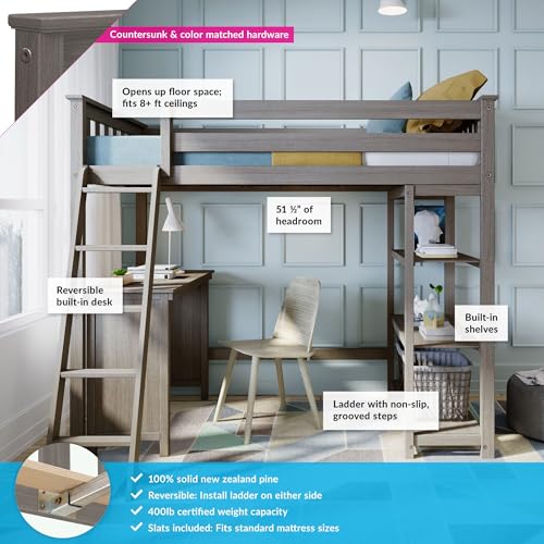 Image of Max & Lily High Loft Bed, Twin Bed Frame for Kids With Bookcase and Desk, Clay