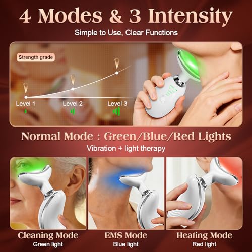 Image of Face and Neck Massager Tool with Heat & 3 Light Therapies, Smart Vibration, Red-Light-Therapy and EMS Modes, Gua Sha Facial Tools for Face and Neck Skin Care and TMJ Relief (White)