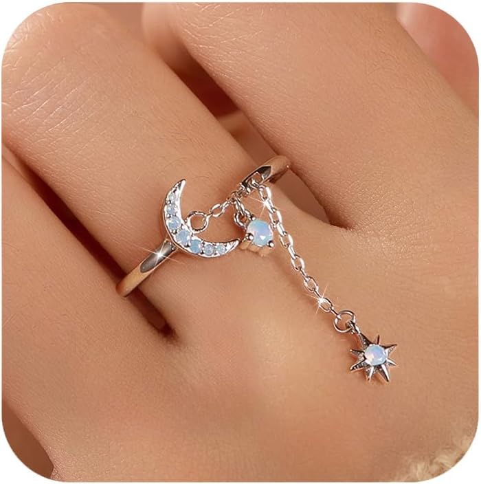 925 Sterling Silver Moon and Star Dangle Chain Fidget Rings with Opal Bead Ball for Women Dainty Crescent Adjustable Open Ring Stackable Line Finger Ring Jewelry Christmas Gifts for Mom