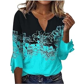 Elbow Sleeve Women’s Tops 3/4 Sleeve V Neck Linen Top Boho Flower Womens Shirts Dressy Half Sleeve Dressy Blouses