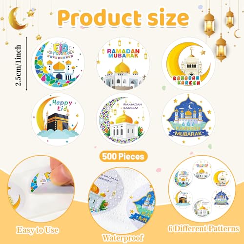 Ramadan Etiketten Aufkleber, 500 Stück Eid Sticker Round, Mubarak Sticker Rolle, Ramadan Aufkleber Deko, Eid Mubarak Etiketten, Self-Adhesive, für Briefumschläge und Geschenkboxen(A)
