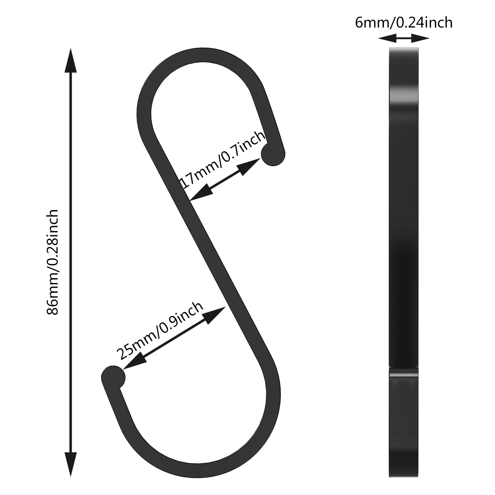LISOPO Haczyki w kształcie litery S, 12 sztuk, czarne, S-hook do wiszących garnków i patelni, haki w kształcie litery S, aluminium, idealne do kuchni, szafy, garażu i ogrodu