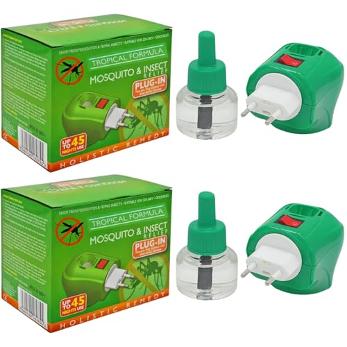 Plug-in Mosquito Repellent Plug-in Insect Killer for Home & Travel Lasts for up to 45 Nights per Refill | Each Pack Includes a Plug and one Bottle for Long Lasting Performance | 2 Pack