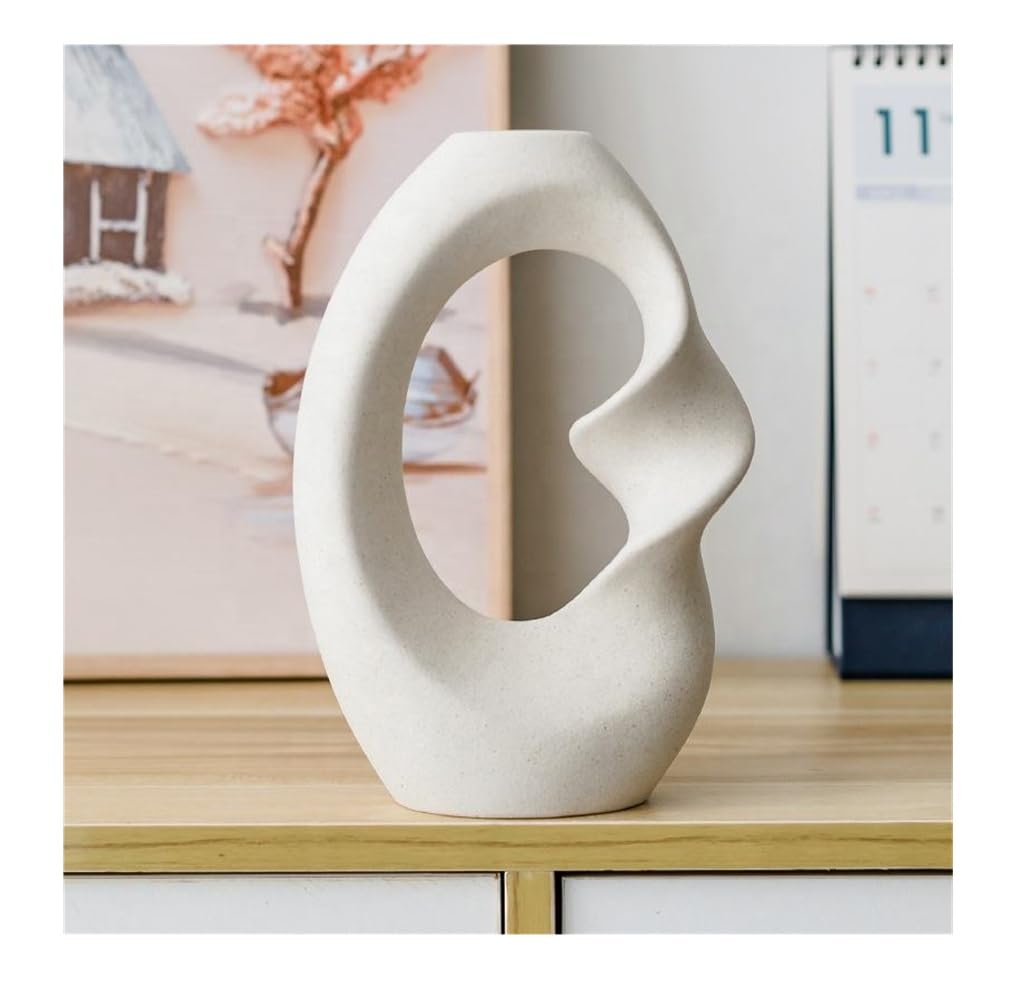 SPHINX Ceramic Vase – Modern Hollow Design | Minimalist Nordic Flower Vase Pot for Pampas Grass, Dried Flowers, Living Room, Dining Table, Office & Home Decor- (Curved 21 cm)