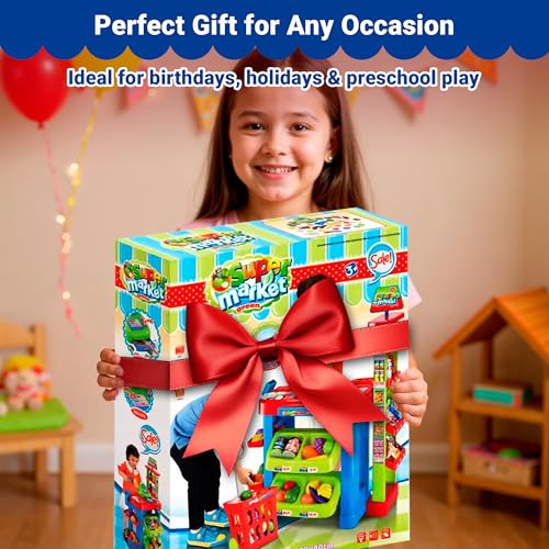 OLEOCA Supermarket Playset for Kids — Grocery Store Pretend Play with Toy Shopping Cart, Cash Register, Scanner & Play Food Accessories – Fun Gift for Ages 3+