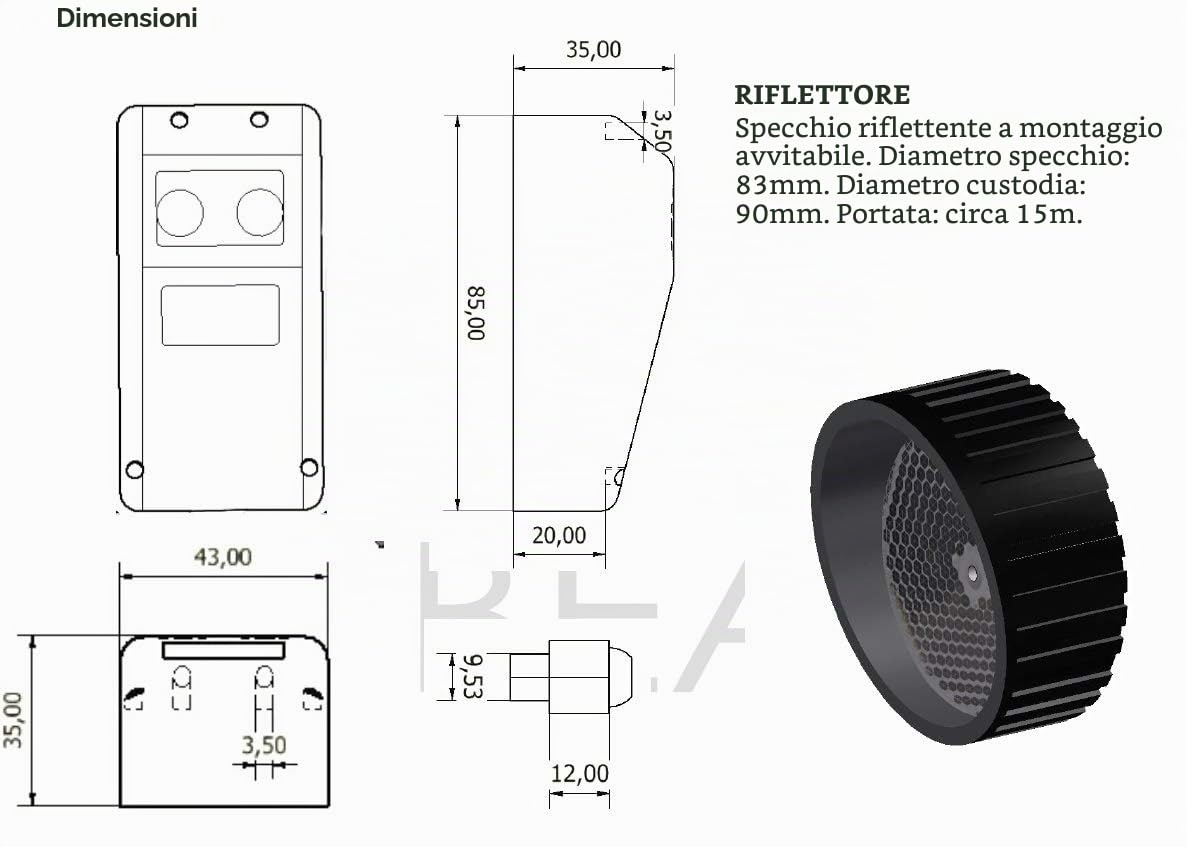 Schartec Fotocellula riflettore universale adatto anche per es. Hörmann, Sommer, Came, Nice, Bft, Berner ecc. Fotocellula con riflettore 2 fili e 4 fili