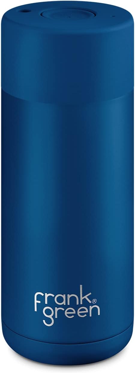 frank green - Ceramic Reusable Cup - Travel Coffee Mug, Stainless Steel Coffee Cup, Insulated Tumbler - Push Button Lid - 16oz - Deep Ocean