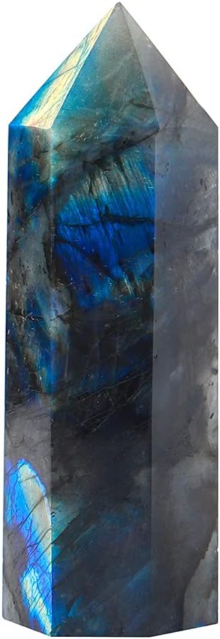 Runyangshi Large Labradorite Healing Crystal Wand 4.72"-5.11" Crystal Tower 6 Faceted Single Point Crystal Prism Wand Natural Quartz Stones for Meditation Reiki Chakra Therapy Home Decor Gift