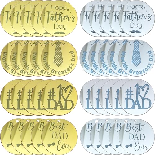40Pcs Happy Father's Day Cupcake Topper Acrylic Cake Disc Mirror Round Cake Topper Engraved Father's Day Cake Topper Heart Picks Cupcake Decorations for Birthday Dads Day Gifts Party Decor