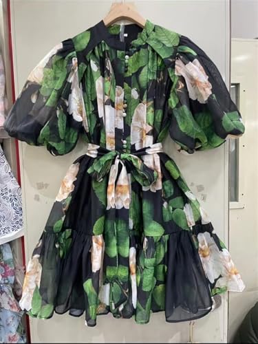 Single Breasted Lace Up Floral Print Dresses for Women Crewneck Short Sleeve High Waist Mini Dress4