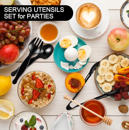 ALEXPRE 30 Pcs Disposable Black Plastic Serving Utensils,10 Set Including 9\" Plastic Serving Spoons, Forks and Tongs for Dinner Parties, Buffets,Banquets, Events, Weddings, and Daily Use - Thumbnail 5