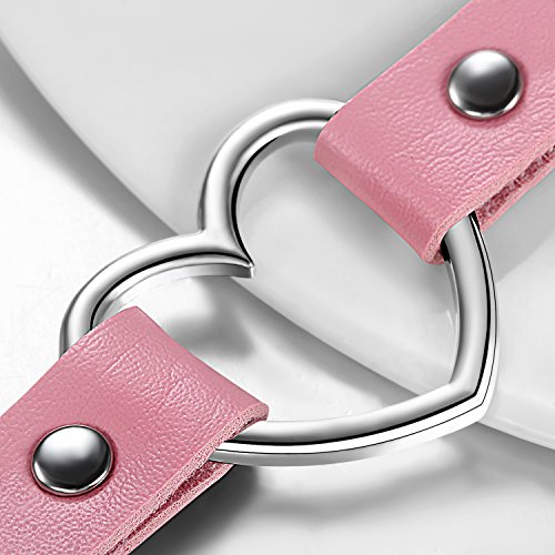 JewelryWe Schmuck Damen Choker Halsband Halskette, Leder Legierung 33-40cm Erstellbare Punk Lolita Herz Collier Kette, Rosa Silber