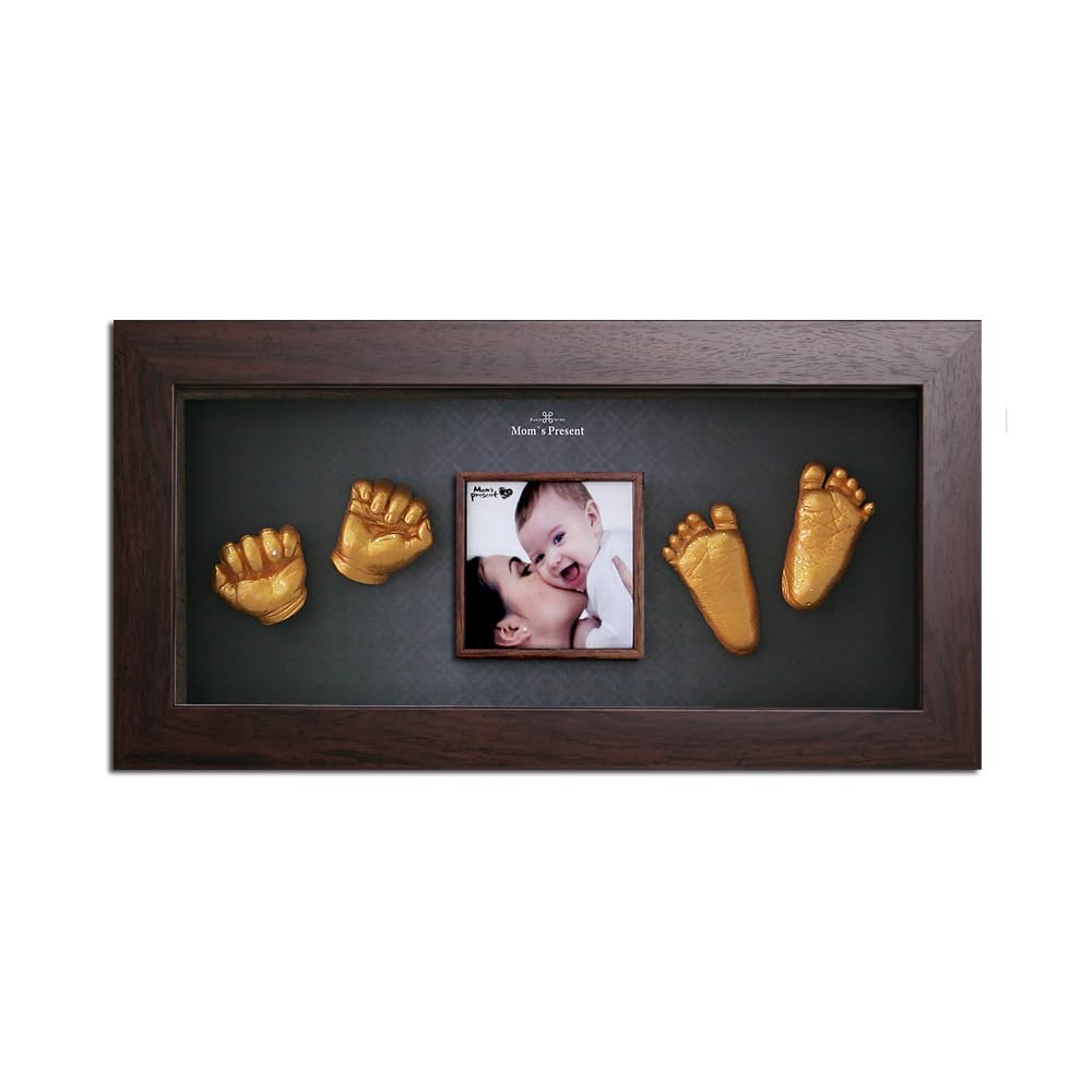 MomsPresent Baby Hands and Feet Casting Print DELUXE KIT with Walnut Frame (gold)