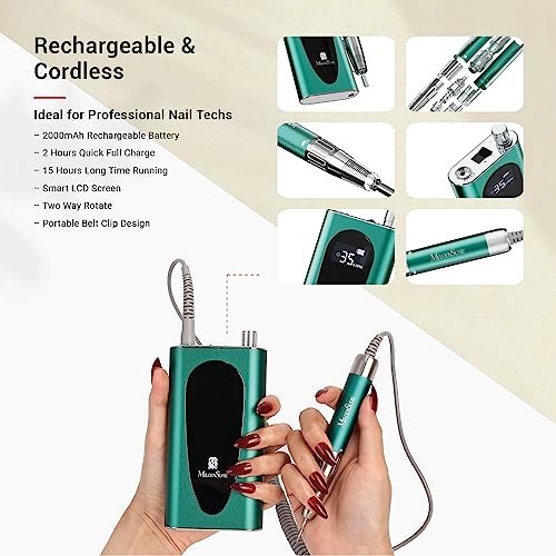 Melodysusie 35000Rpm Nail Drill Professional, Rechargeable Cordless Nail Drill Machine Portable Efile For Acrylic Gel Nails Remove, 8Pcs Nail Drill Bits, Low Noise Low Heat, Sparkle Plus, Green #TOP3