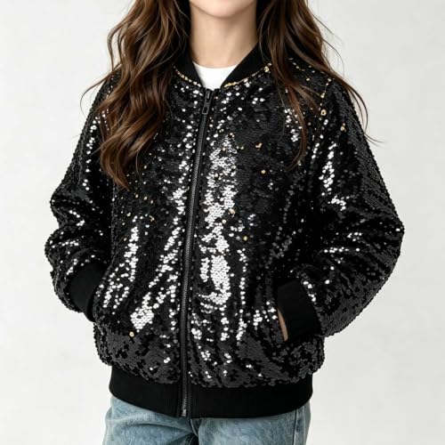 Girls Sequin Jacket Lightweight Sparkle Long Sleeve Zipper Bomber Jackets - image 4
