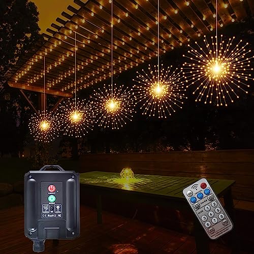 SHUKAN 5 Pcs 1000LED Solar Starburst Sphere Lights,Firework Light Remote Control Timer 8 Modes Dimmable Waterproof Hanging Fairy Light, Sparkly Lights for Patio Garden Tent Outdoor(Warm White)