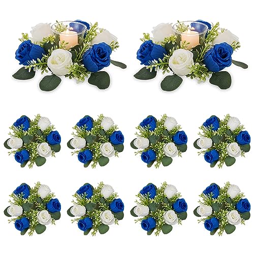 NUPTIO Small Wreath for Table Centerpieces: 9.05 Inch Royal Blue & White Flower Candle Rings 10 Pcs for Wedding Party Christmas - Rose Wreaths for Spring Summer Front Door Porch Decor 6 Pcs