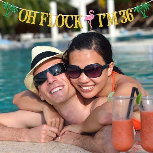 Image of Oh Flock I'm 36 Banner, Glitter Happy 36th Birthday Anniversary Party Decorations, Pineapple Party Decor, Hawaiian Luau Tropical Aloha 36 Theme Party Photo Props