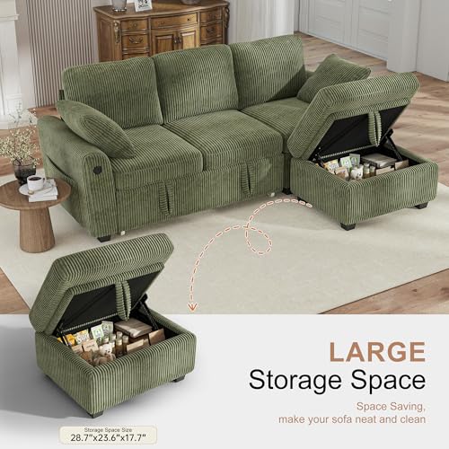 Image of Hanherry 81 inch Sectional Couch with Pull Out Bed,3 Seat Corduroy Sleeper Sofa with Storage Ottoman & USB Charging,Comfy L Shaped Modular Couches for Living Room,Apartment