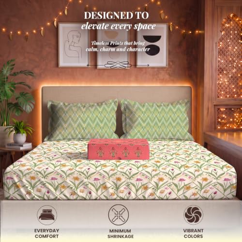 Image of Urban Space Festive Gifting Set - 100% Cotton Double Bedsheet with 2 Pillow Covers, Double Bedsheet Gift Set in Gift Box, 90 x 100 Inch, Spring Sage Green | Diwali, Festive & Housewarming Gift