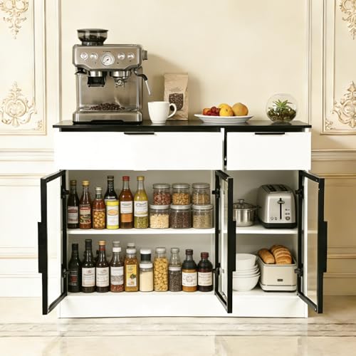 Image of Buffet Cabinet with Drawers, Buffet Storage Cabinet with Transparent Glass Doors, Kitchen Supplies Storage Cabinet, Wooden Coffee Bar Table for Dining Room,Living Room Entrance, White